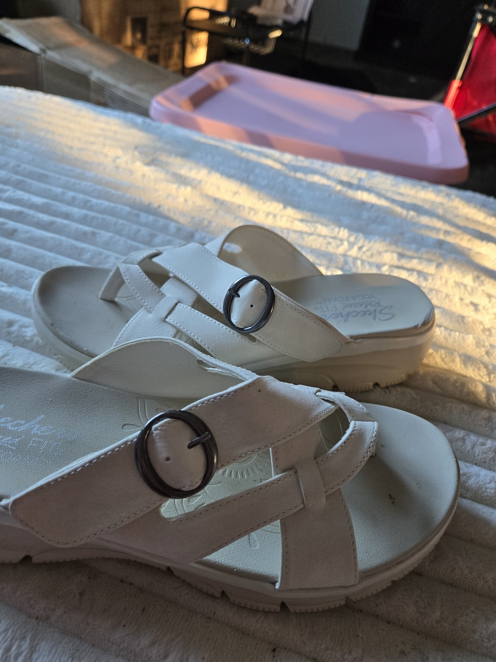 Skechers White Leather Buckle Slide Sandals for Women